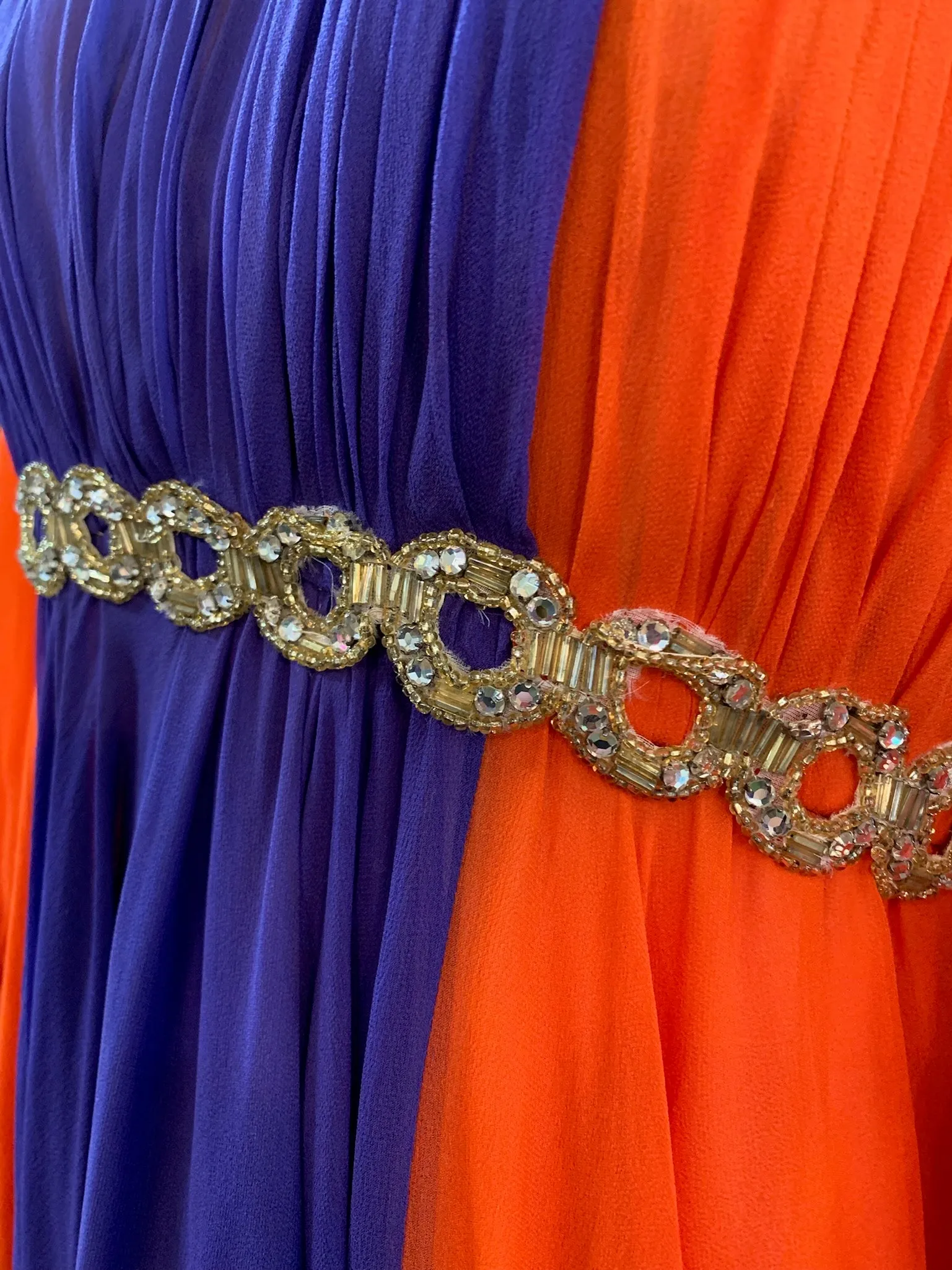 Sarmi 1960's Orange and Violet Chiffon Party Dress with Beaded Waist