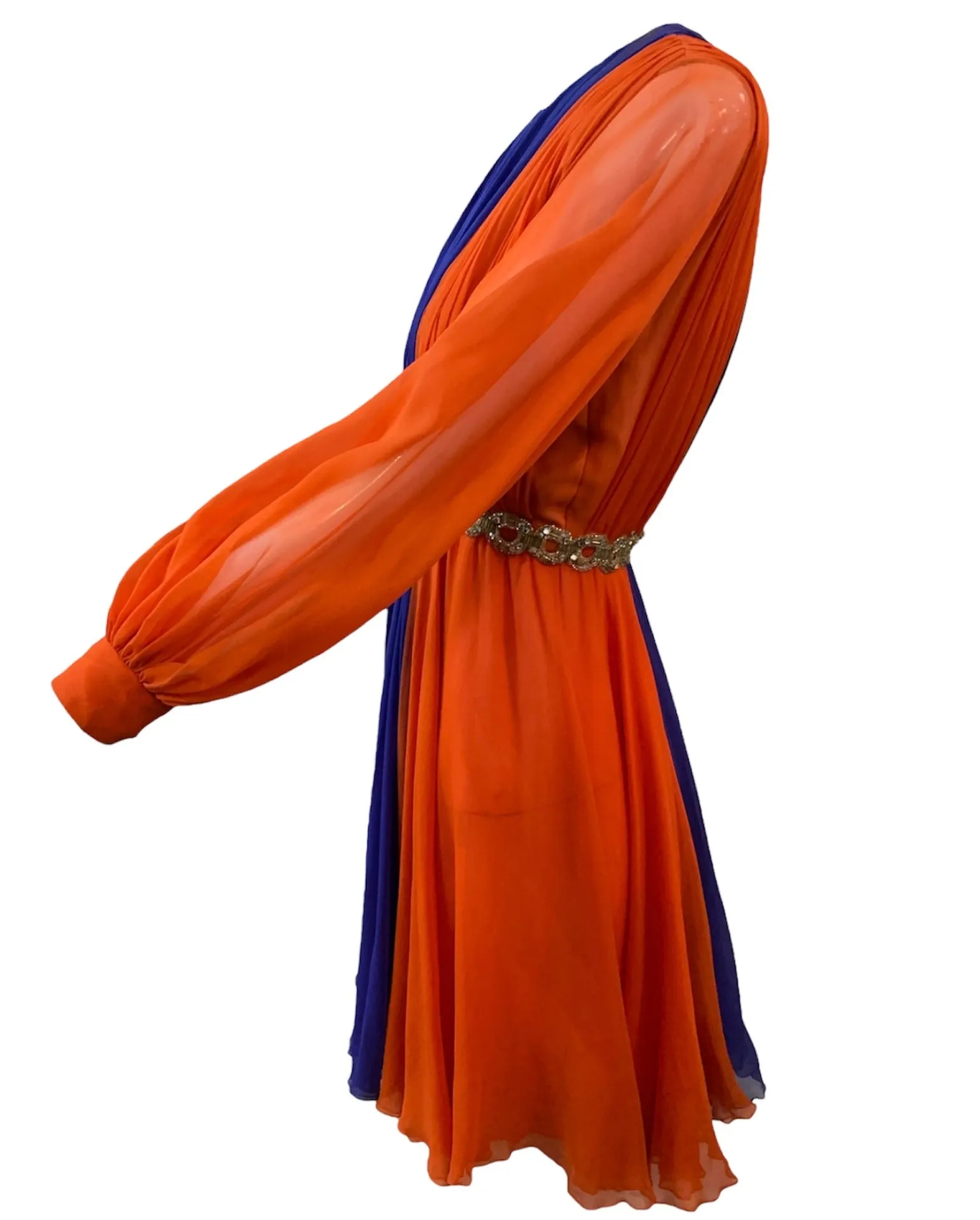 Sarmi 1960's Orange and Violet Chiffon Party Dress with Beaded Waist