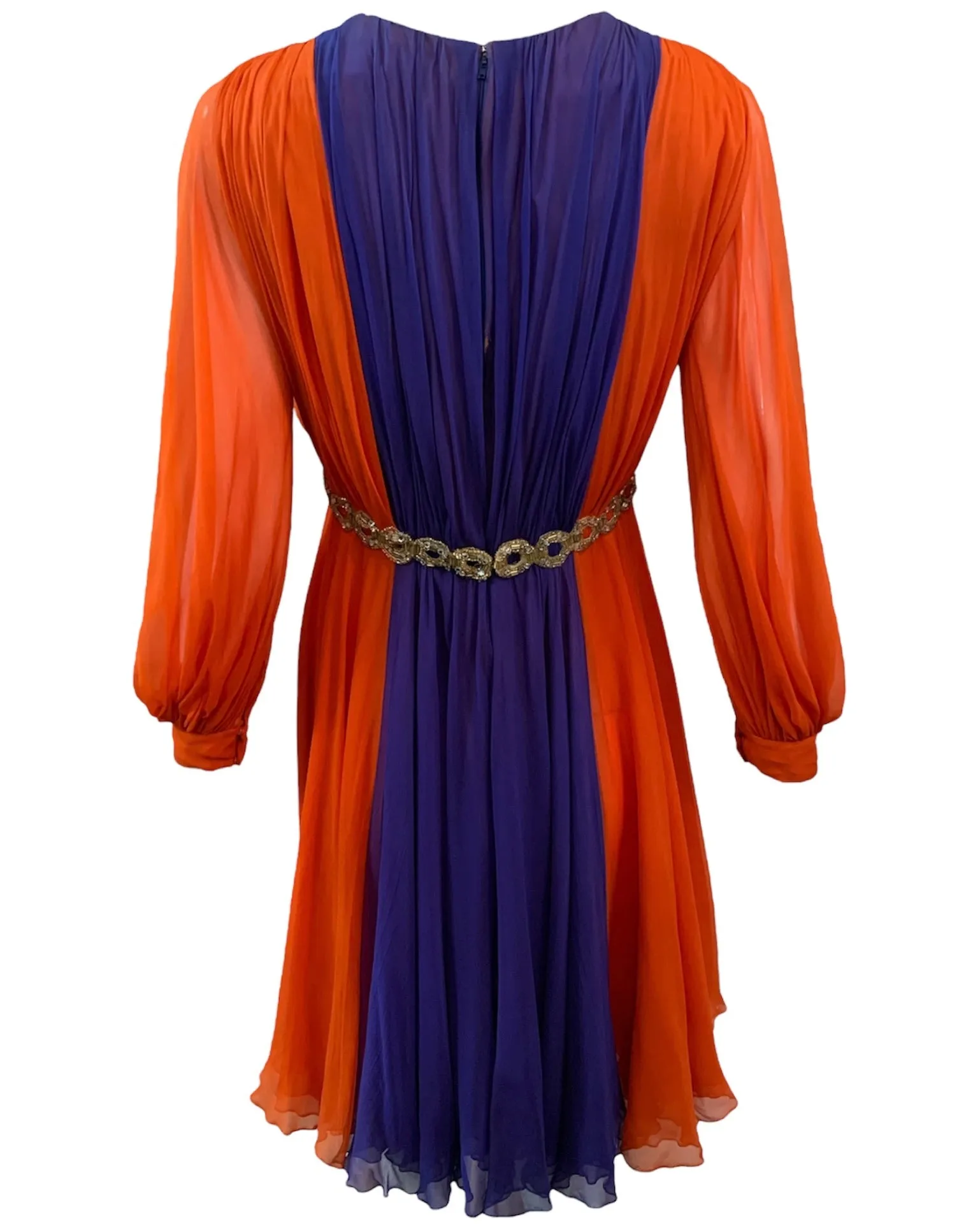Sarmi 1960's Orange and Violet Chiffon Party Dress with Beaded Waist