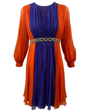 Sarmi 1960's Orange and Violet Chiffon Party Dress with Beaded Waist