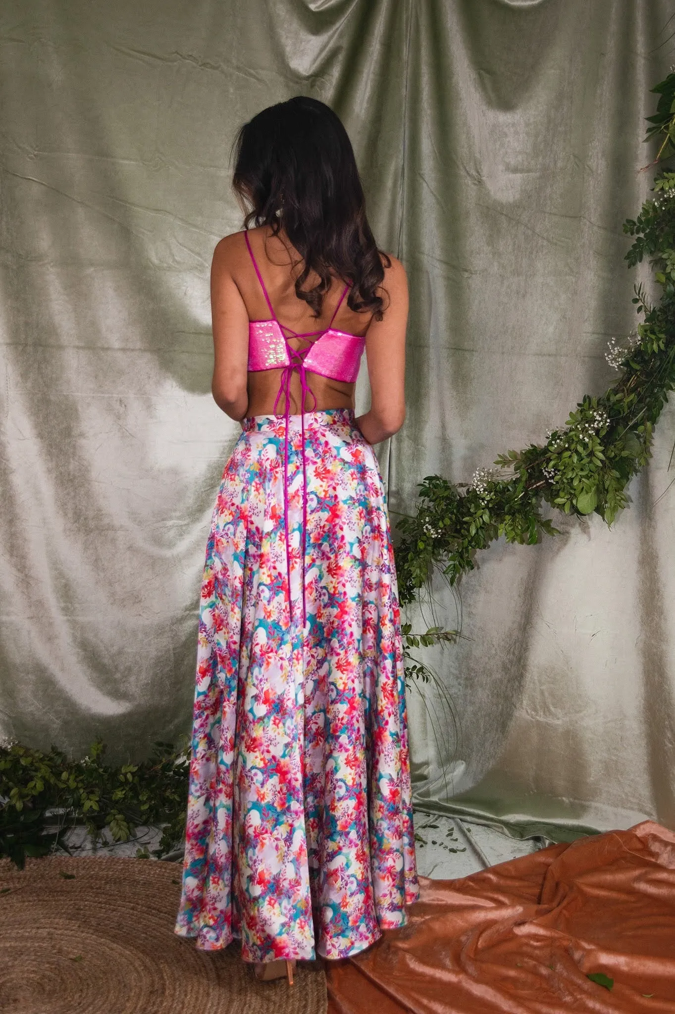 SAVAAR Neon Sequin Lehenga Bralette Top