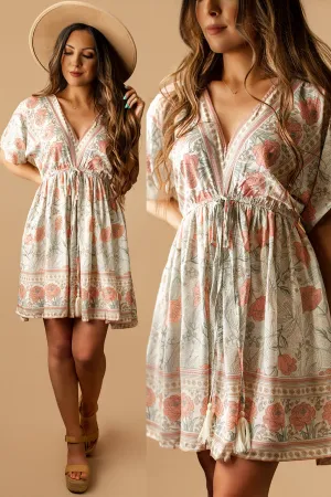 Sayulita Boho Floral Mini Dress (Ivory   Pink)