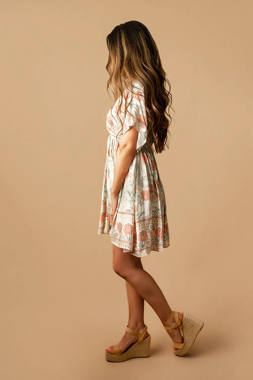 Sayulita Boho Floral Mini Dress (Ivory   Pink)