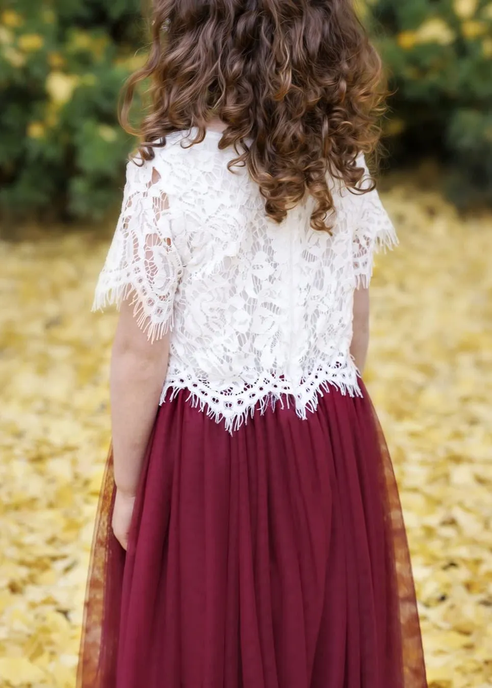 Scalloped Lace Girl Dress Set in Burgundy