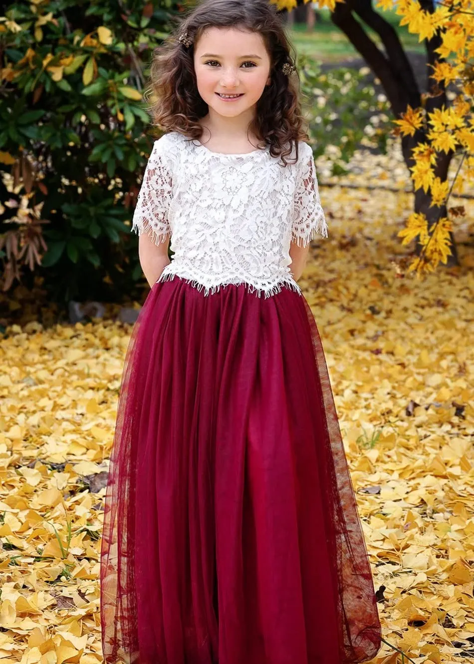 Scalloped Lace Girl Dress Set in Burgundy