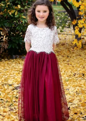 Scalloped Lace Girl Dress Set in Burgundy
