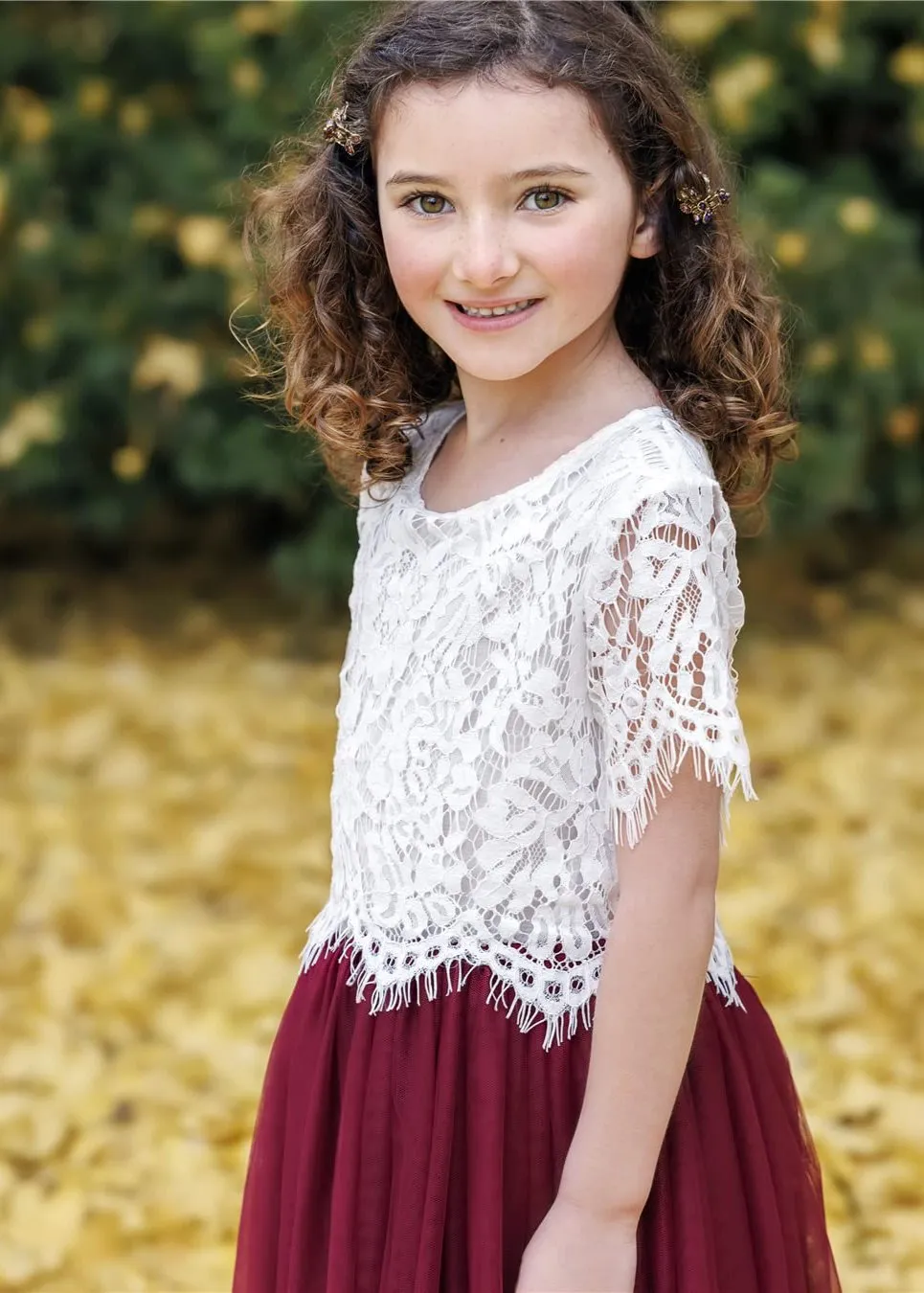 Scalloped Lace Girl Dress Set in Burgundy