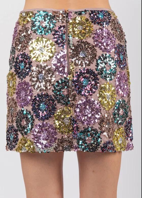 Sequin Fitted Mini Skirt - Cream Floral