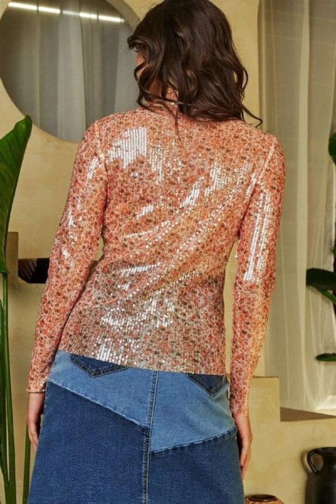 Sequin Mock Neck Long Sleeve Mesh Top in Orange