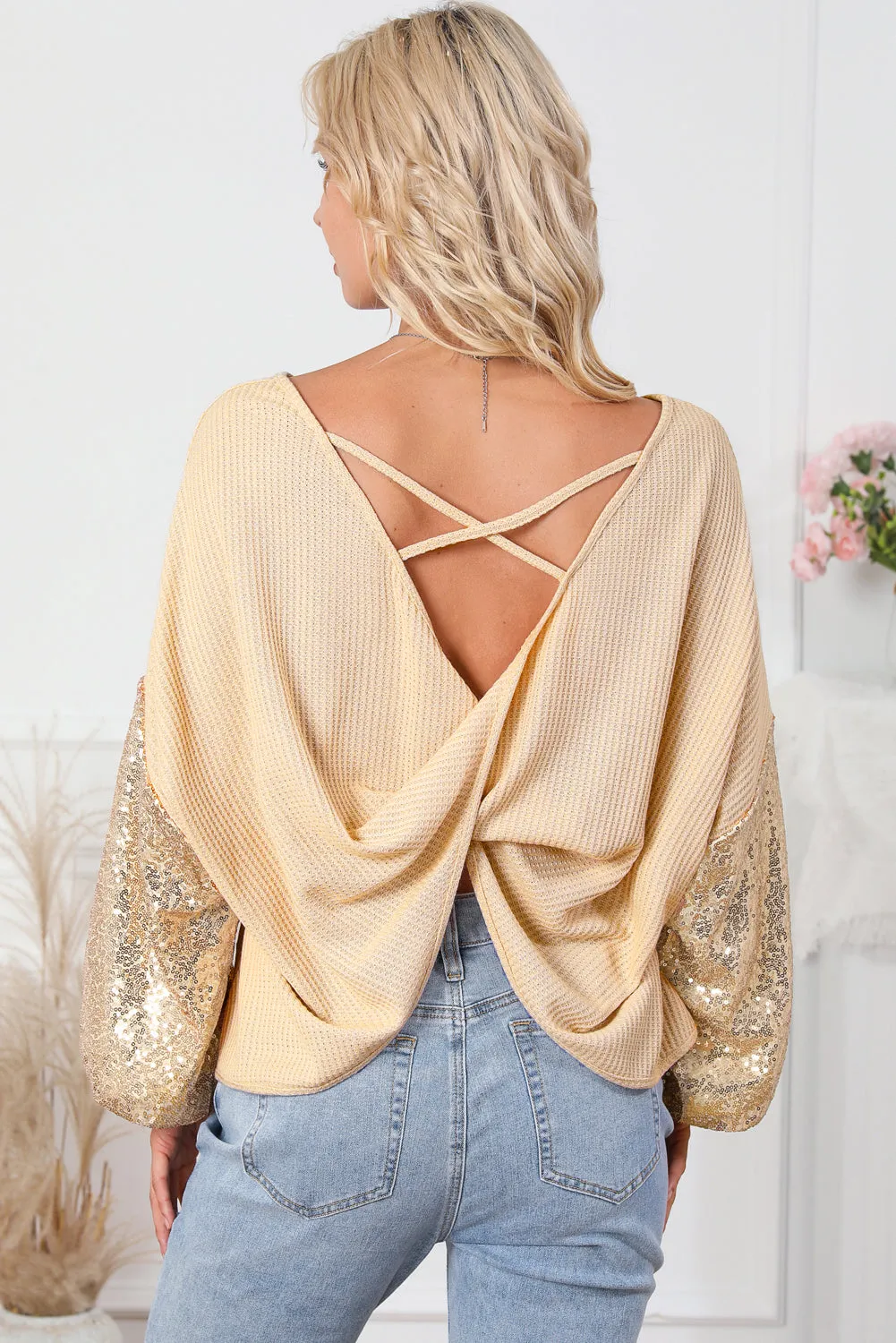 Sequin Sleeve Open Back Waffle Knit Top