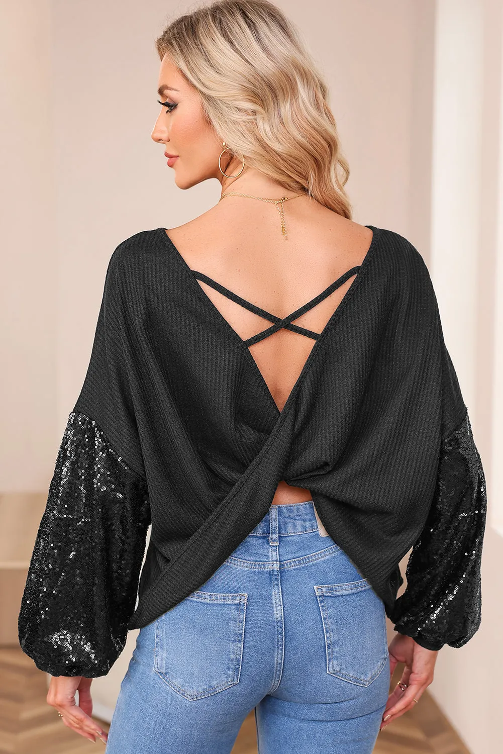 Sequin Sleeve Open Back Waffle Knit Top
