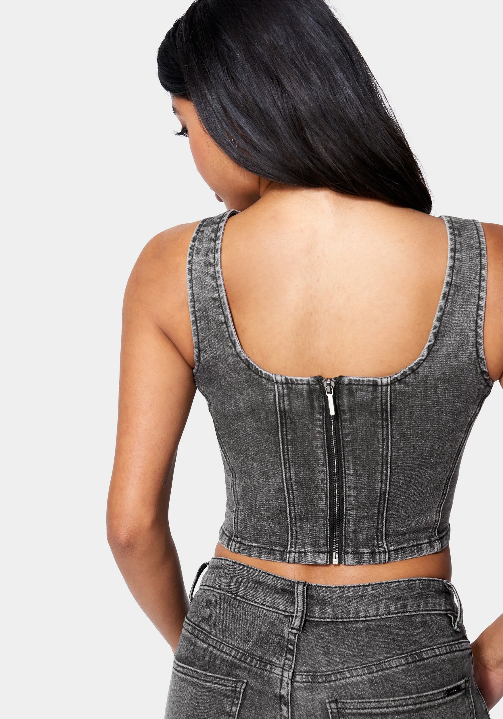 Sequin Trim Denim Bustier Top