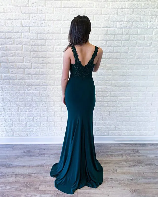 Sexy Dark Green Mermaid Prom Dresses V-Neck Lace Appliques Beaded Long Prom Gowns Slit