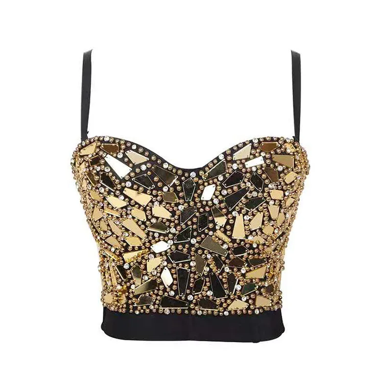 Sexy Gold Sequins And Beads Bustier Crop Top