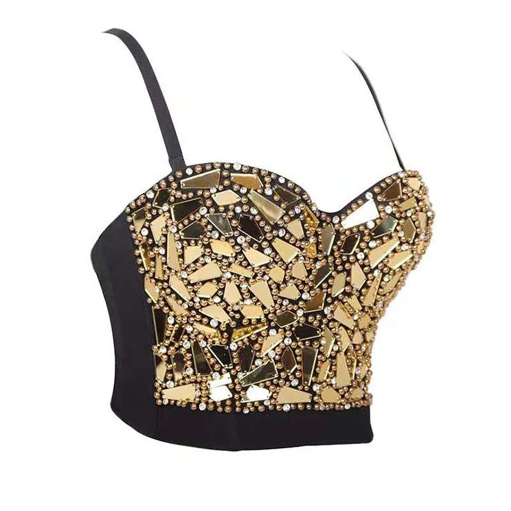 Sexy Gold Sequins And Beads Bustier Crop Top