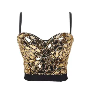 Sexy Gold Sequins And Beads Bustier Crop Top
