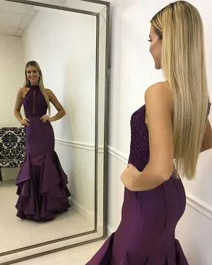 Sexy Mermaid Prom Dresses with Halter 2018 Dark Purple Lace Satin Prom Party Gowns New