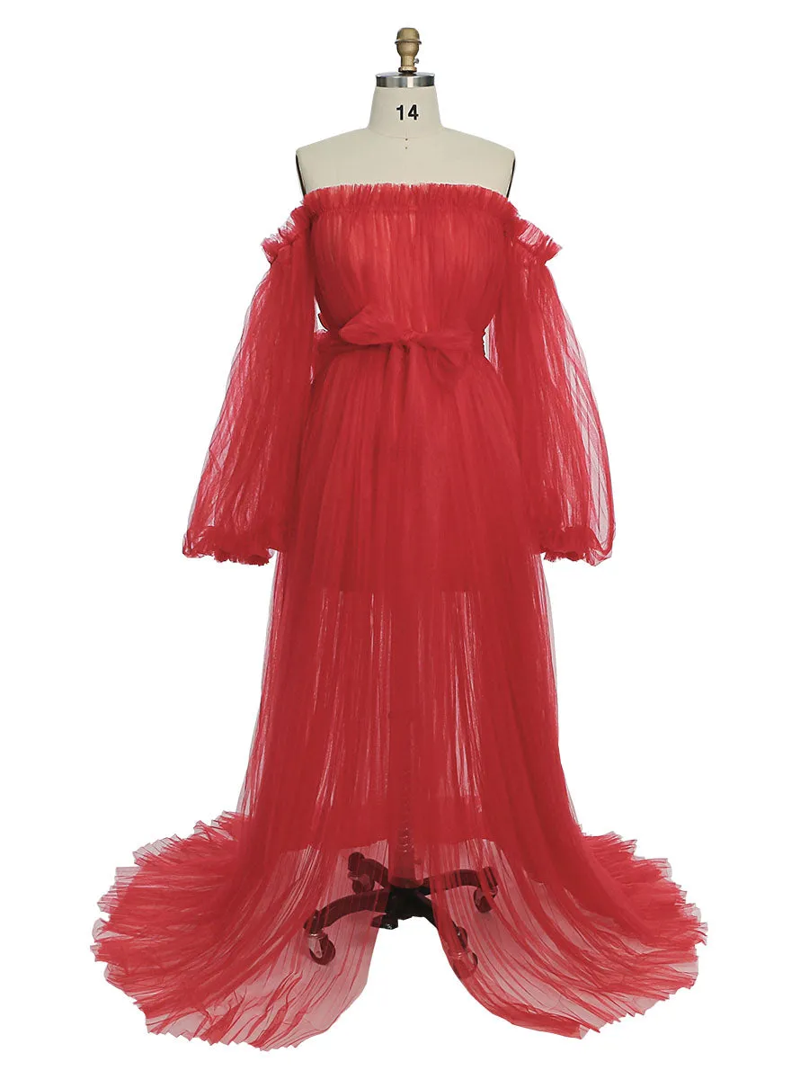 Sexy See Through Maternity Gowns Tulle Pleated Puffy Sleeve Maternity Dress for Photoshoot /Baby Shower YW221019