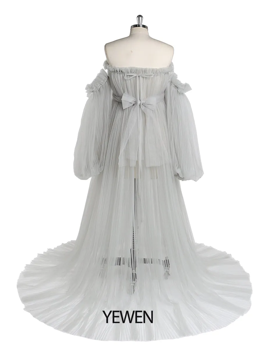 Sexy See Through Maternity Gowns Tulle Pleated Puffy Sleeve Maternity Dress for Photoshoot /Baby Shower YW221019