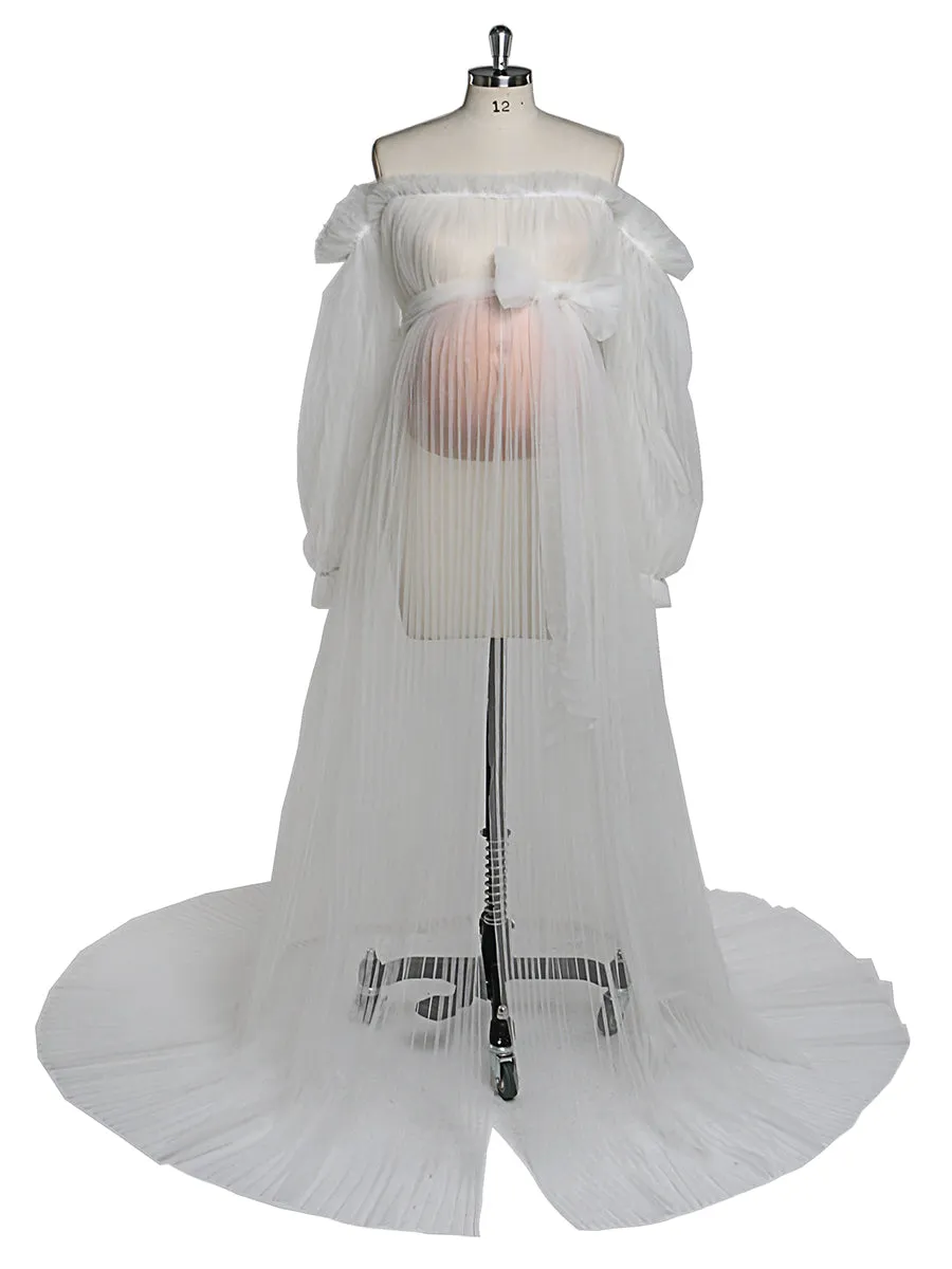 Sexy See Through Maternity Gowns Tulle Pleated Puffy Sleeve Maternity Dress for Photoshoot /Baby Shower YW221019