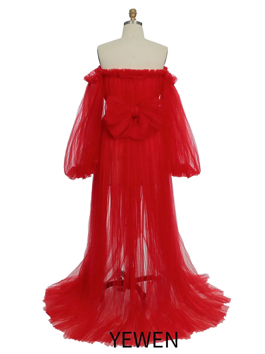 Sexy See Through Maternity Gowns Tulle Pleated Puffy Sleeve Maternity Dress for Photoshoot /Baby Shower YW221019