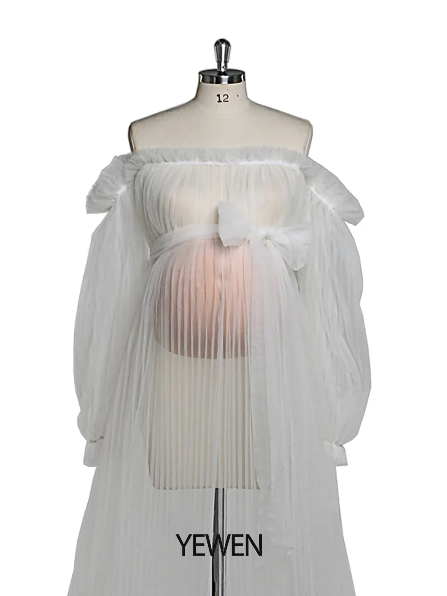 Sexy See Through Maternity Gowns Tulle Pleated Puffy Sleeve Maternity Dress for Photoshoot /Baby Shower YW221019