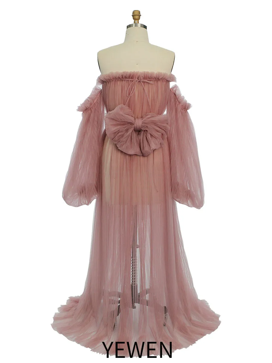 Sexy See Through Maternity Gowns Tulle Pleated Puffy Sleeve Maternity Dress for Photoshoot /Baby Shower YW221019