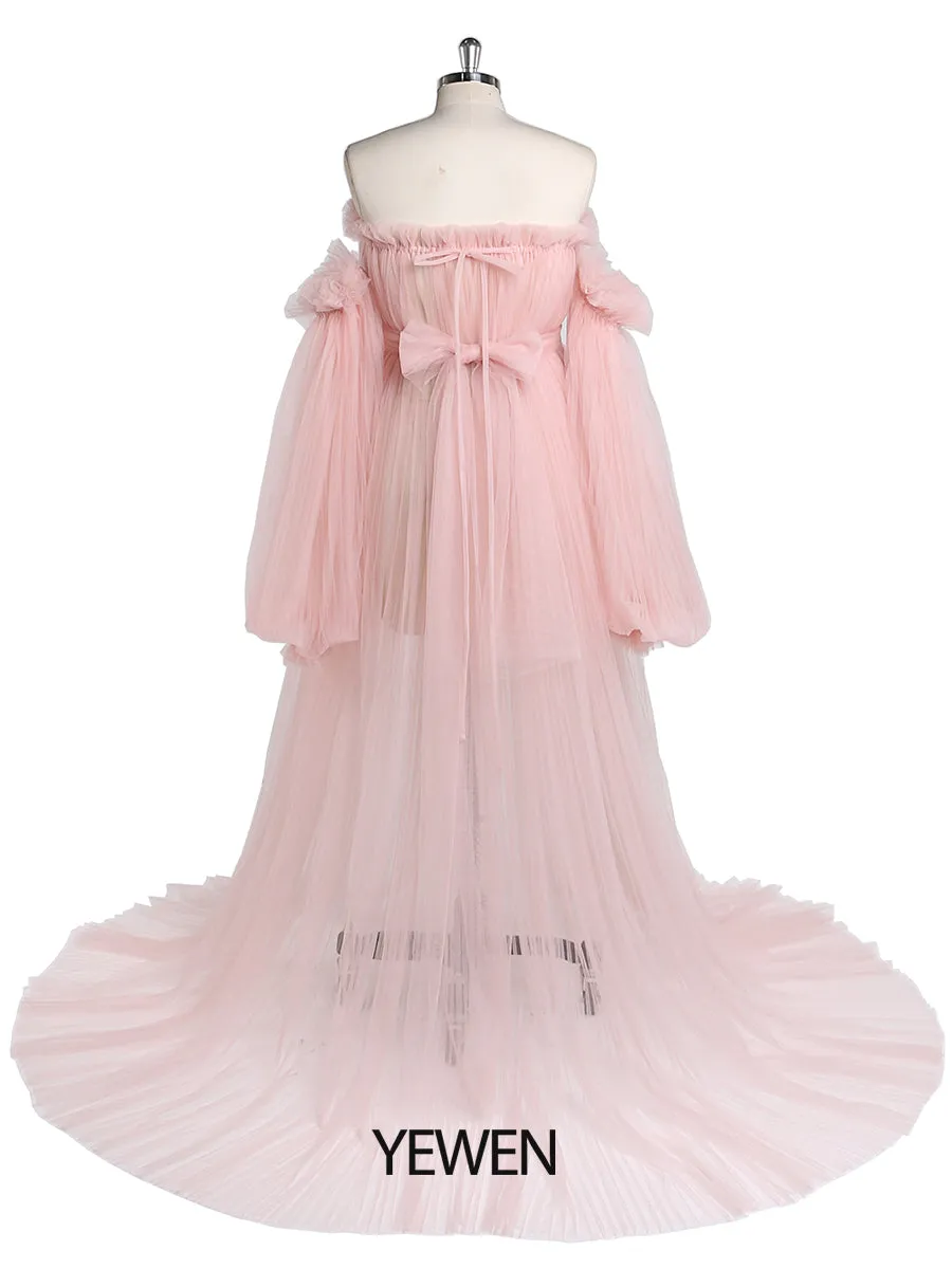 Sexy See Through Maternity Gowns Tulle Pleated Puffy Sleeve Maternity Dress for Photoshoot /Baby Shower YW221019