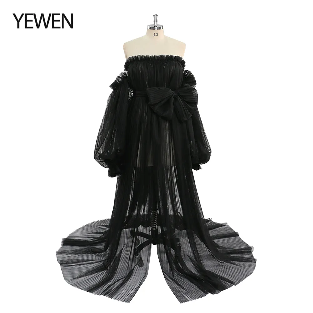 Sexy See Through Maternity Gowns Tulle Pleated Puffy Sleeve Maternity Dress for Photoshoot /Baby Shower YW221019