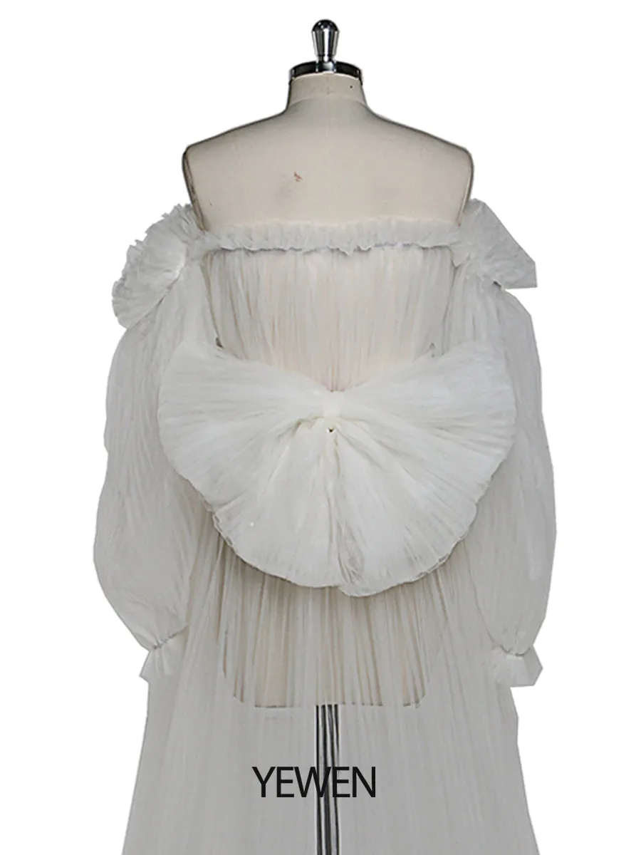 Sexy See Through Maternity Gowns Tulle Pleated Puffy Sleeve Maternity Dress for Photoshoot /Baby Shower YW221019