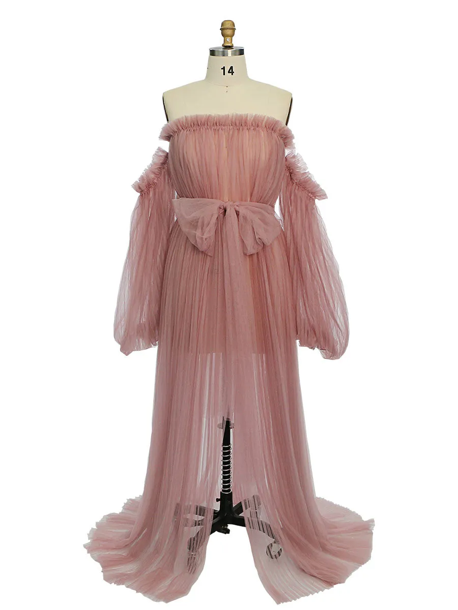 Sexy See Through Maternity Gowns Tulle Pleated Puffy Sleeve Maternity Dress for Photoshoot /Baby Shower YW221019
