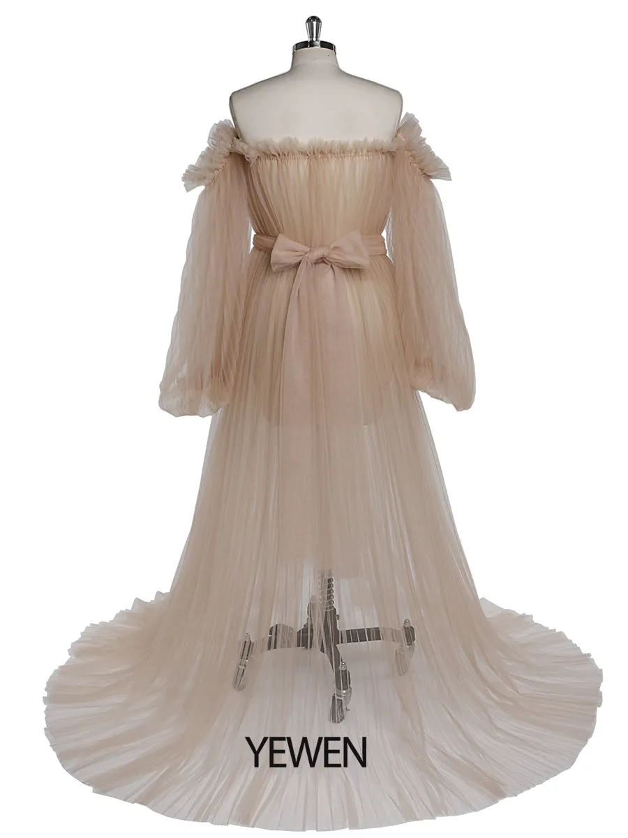 Sexy See Through Maternity Gowns Tulle Pleated Puffy Sleeve Maternity Dress for Photoshoot /Baby Shower YW221019