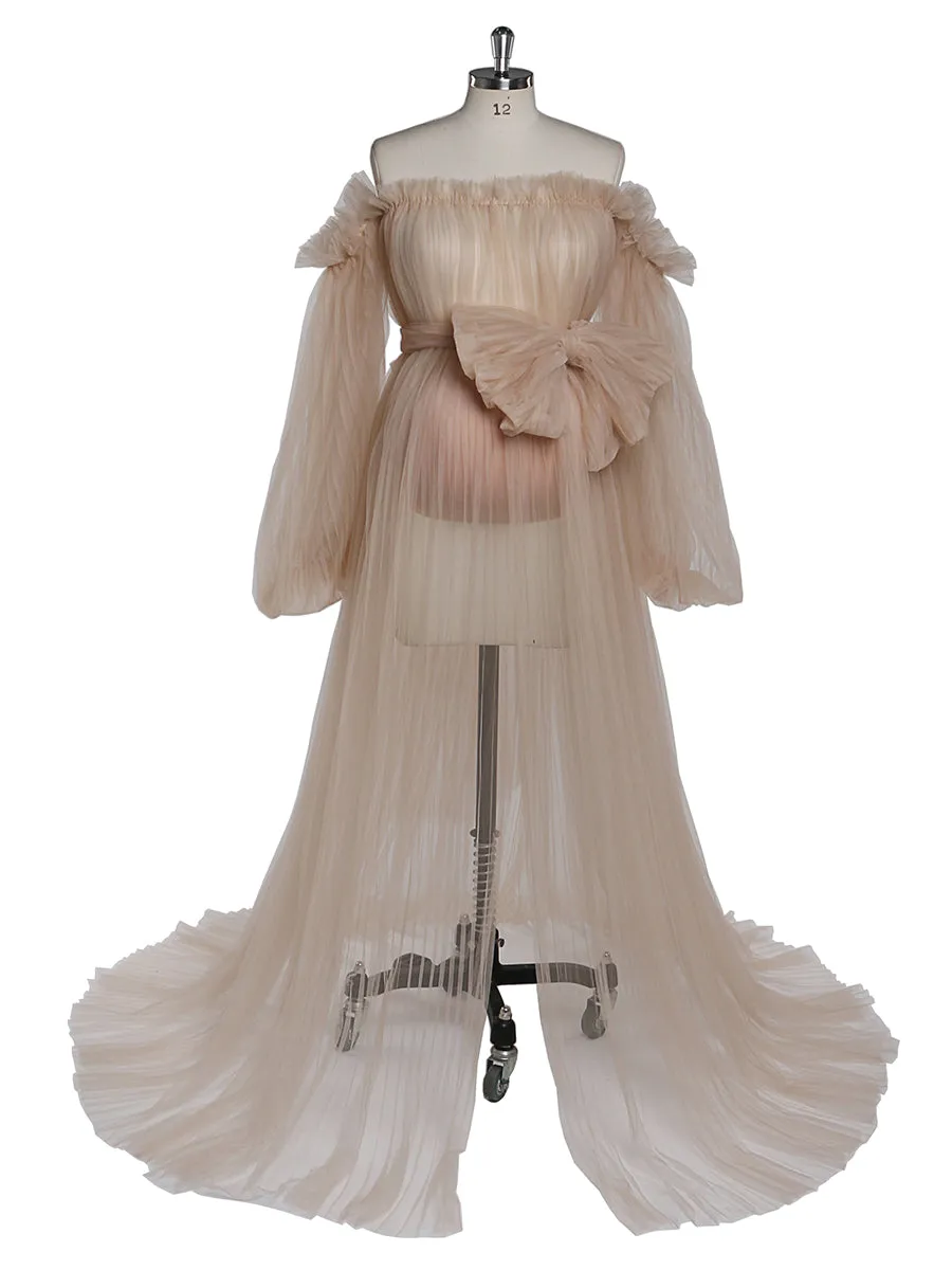 Sexy See Through Maternity Gowns Tulle Pleated Puffy Sleeve Maternity Dress for Photoshoot /Baby Shower YW221019