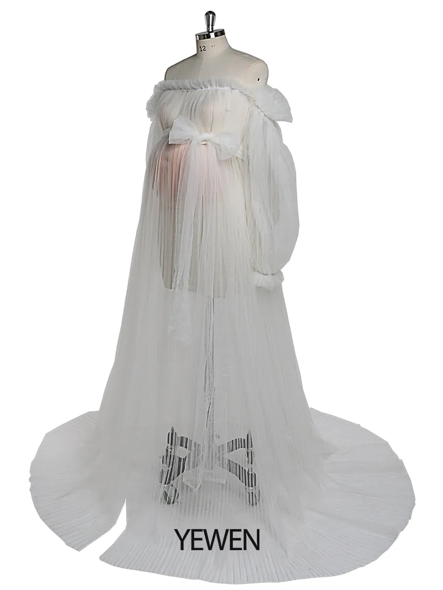 Sexy See Through Maternity Gowns Tulle Pleated Puffy Sleeve Maternity Dress for Photoshoot /Baby Shower YW221019