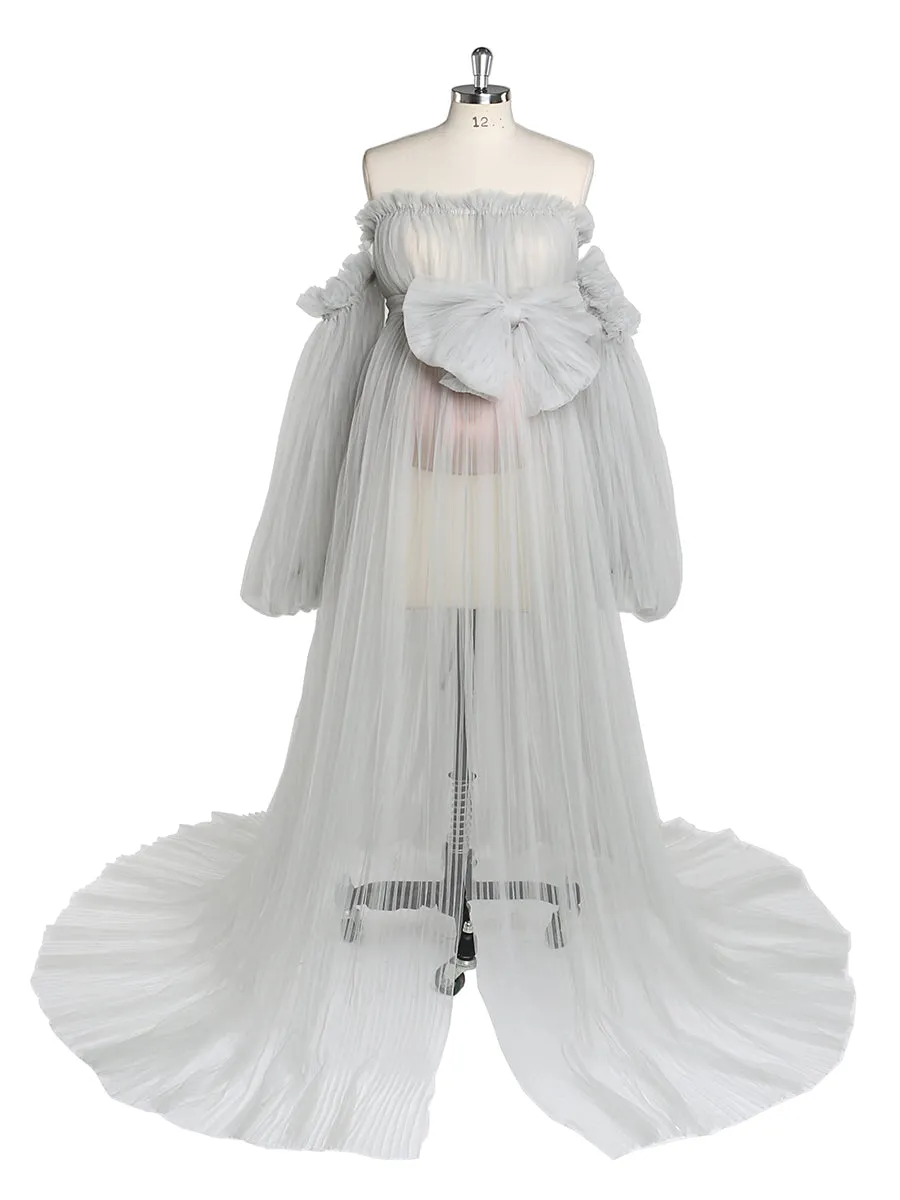 Sexy See Through Maternity Gowns Tulle Pleated Puffy Sleeve Maternity Dress for Photoshoot /Baby Shower YW221019