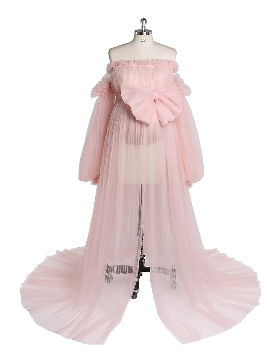 Sexy See Through Maternity Gowns Tulle Pleated Puffy Sleeve Maternity Dress for Photoshoot /Baby Shower YW221019