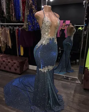 Sheer Top Beaded Lace Sparkly Navy Blue African Black Girls Gowns