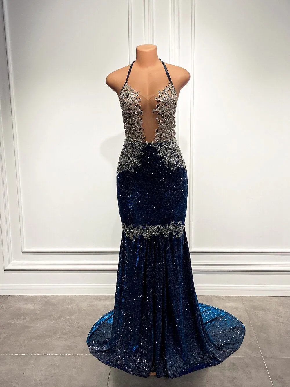 Sheer Top Beaded Lace Sparkly Navy Blue African Black Girls Gowns