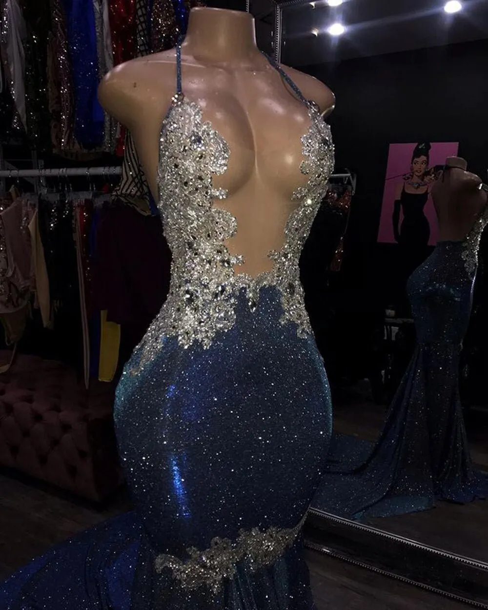 Sheer Top Beaded Lace Sparkly Navy Blue African Black Girls Gowns