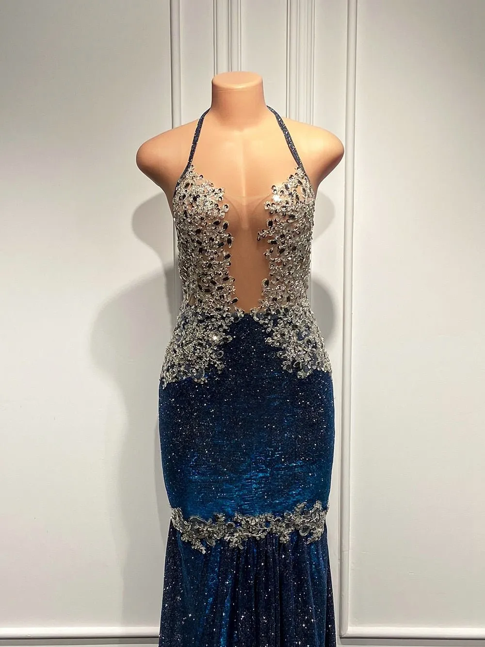 Sheer Top Beaded Lace Sparkly Navy Blue African Black Girls Gowns