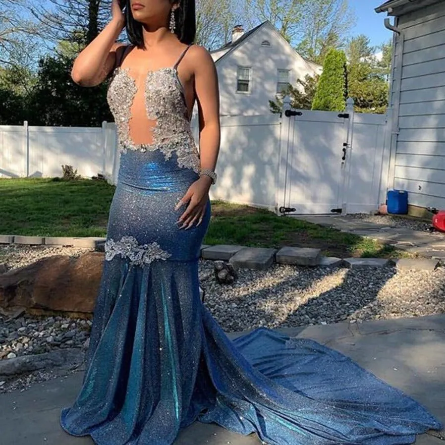 Sheer Top Beaded Lace Sparkly Navy Blue African Black Girls Gowns