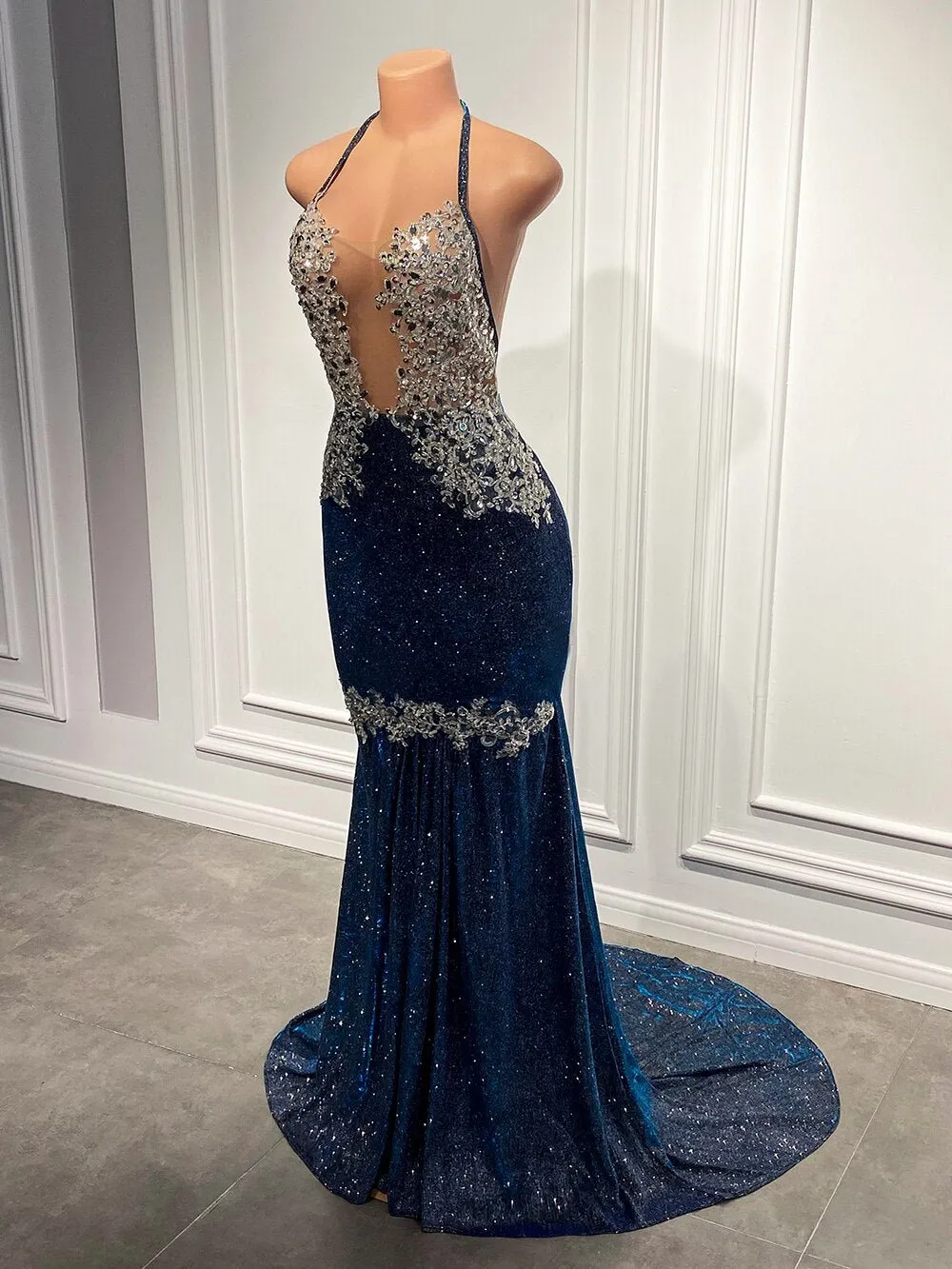 Sheer Top Beaded Lace Sparkly Navy Blue African Black Girls Gowns