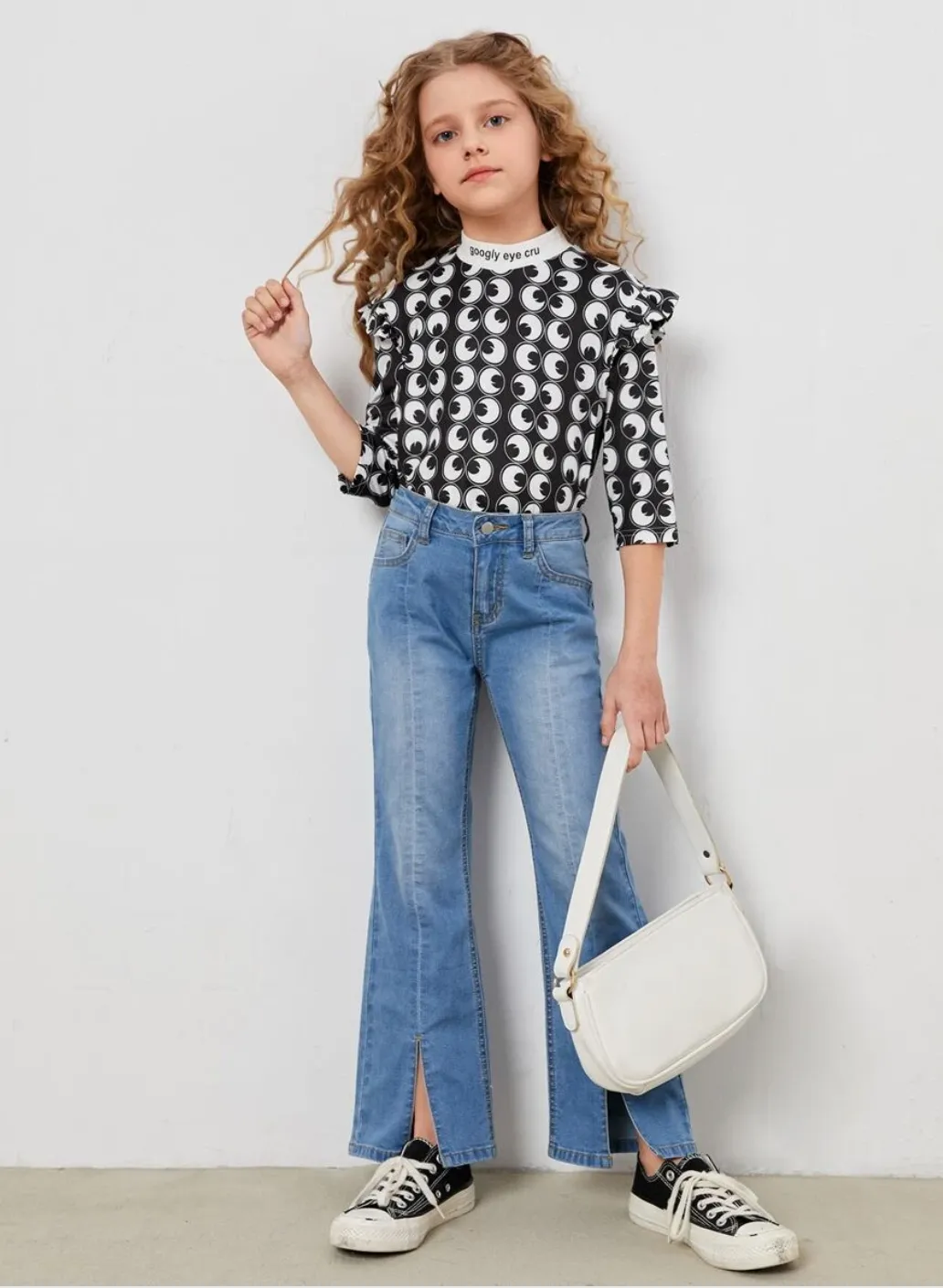 SHEIN X googly eye cru girls mockneck ruffle trim slogan and graphic print top
