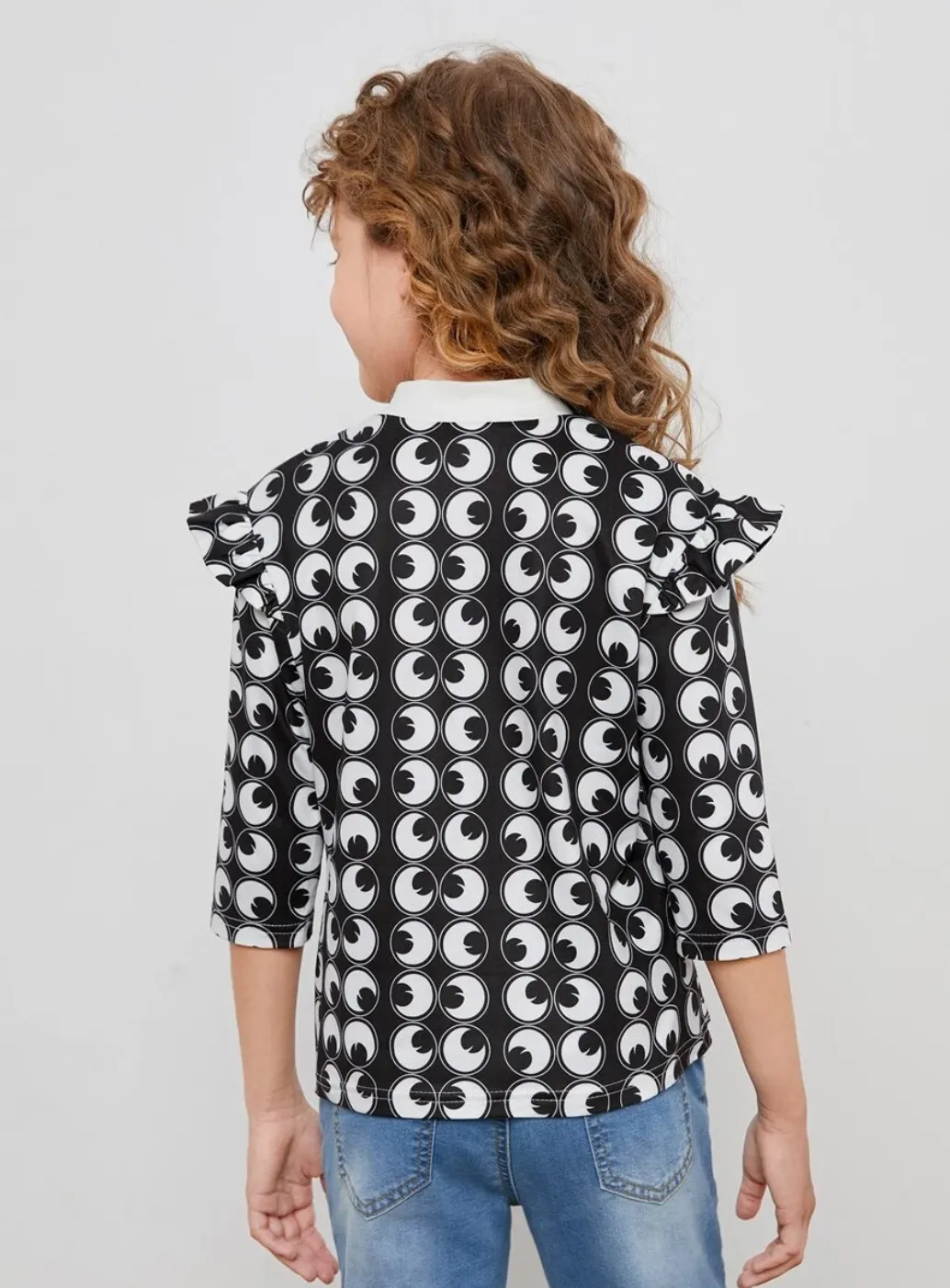 SHEIN X googly eye cru girls mockneck ruffle trim slogan and graphic print top