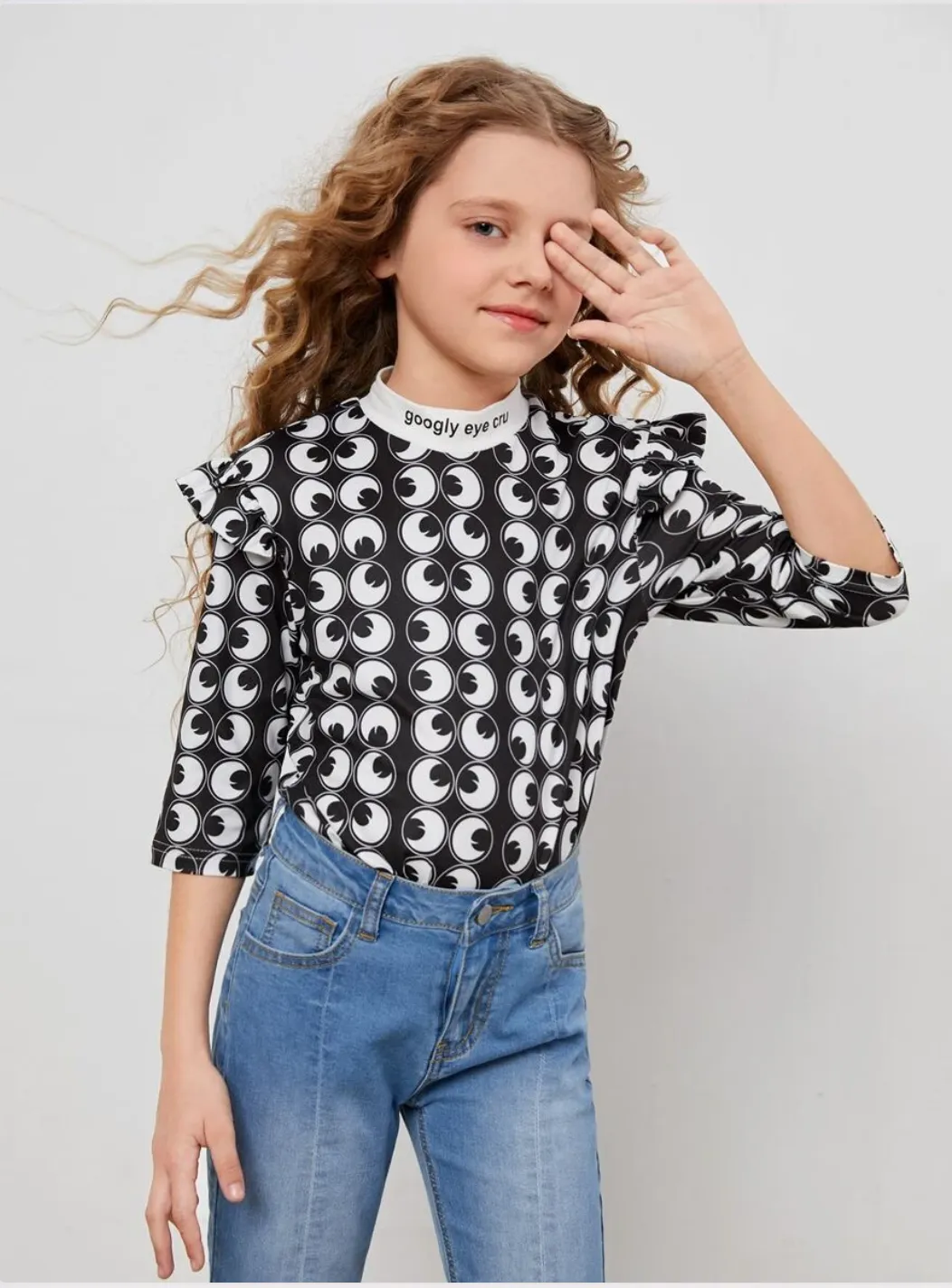 SHEIN X googly eye cru girls mockneck ruffle trim slogan and graphic print top