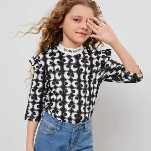 SHEIN X googly eye cru girls mockneck ruffle trim slogan and graphic print top