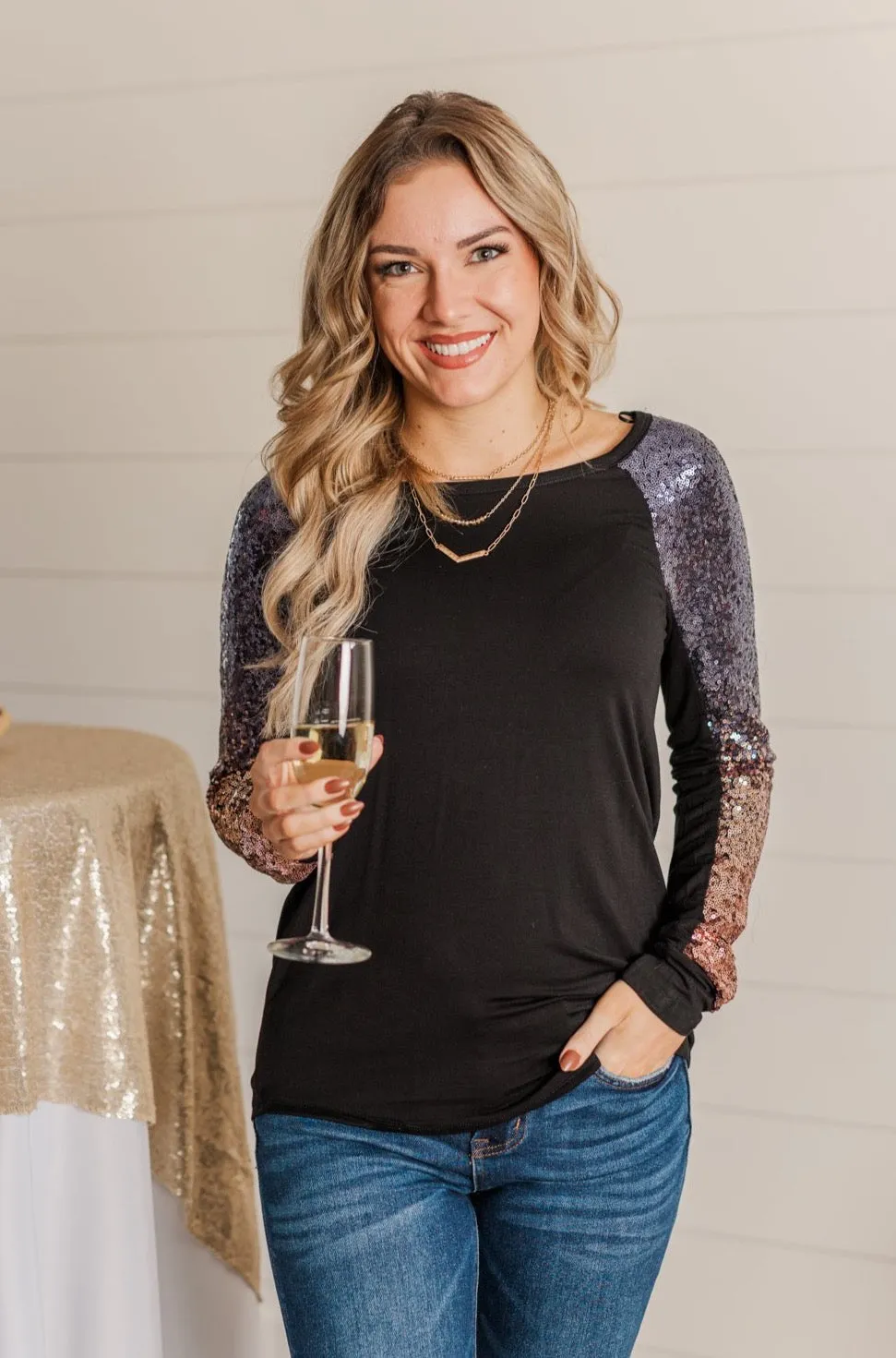 Shine Bright Sequin Top- Black