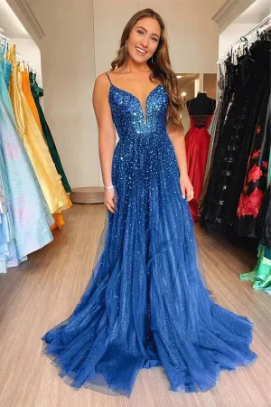 Shiny Tulle Blue A-line V-neck Prom Dresses With Sequins, Party Dress, MP830