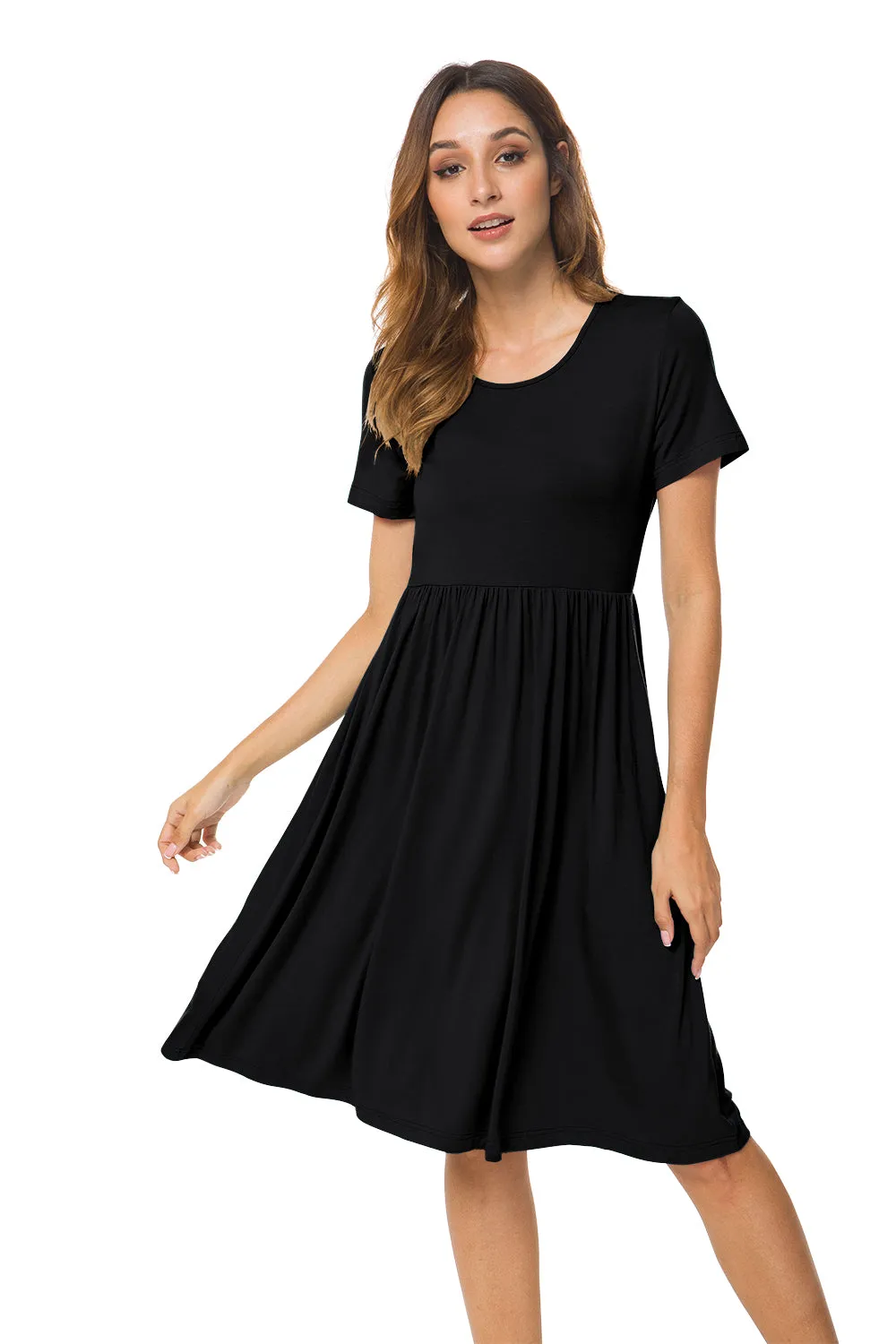 Short Sleeve Empire Waist Plain Dress with Pockets