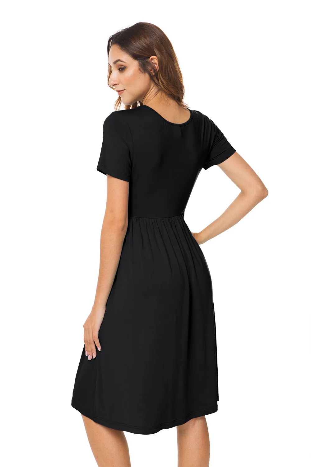 Short Sleeve Empire Waist Plain Dress with Pockets